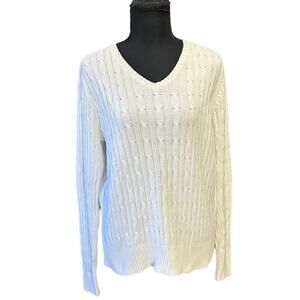 St. John's Bay Cotton Sweater Size L Off White Long Sleeve V-Neck Cable Knit